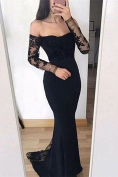 Black Long Sleeves Mermaid Lace Off The Shoulder Evening Prom Dress Dresses Black Mermaid Hem Gown For Banquet, Long Sleeve Mermaid Dress With Fitted Bodice For Evening, Mermaid Evening Dress With Fitted Bodice And Long Sleeves, Black Fishtail Gown For Banquet, Black Mermaid Dress For Prom Banquet, Black Mermaid Dress For Banquet And Prom Season, Long Sleeve Mermaid Dress With Sweep Train For Evening, Fitted Long Sleeve Dress With Sweep Train, Formal Long Sleeve Mermaid Dress With Sweep Train