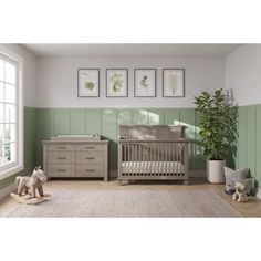 a baby's room with two cribs, a dresser and a potted plant