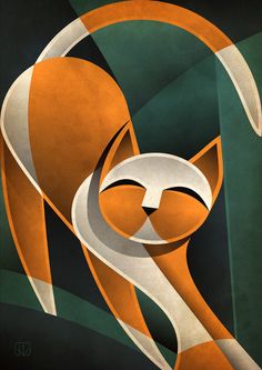 an orange and white cat is in the middle of a green abstract painting with black background