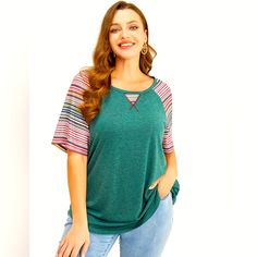 Supersoft Essentials Striped Contrast Raglan Sleeve Curved Hem T-Shirt In Dark Green Summer Raglan Sleeve Color Block Tops, Summer Color Block Raglan Sleeve Tops, Summer Color Block Tops With Raglan Sleeve, Casual Green Color Block T-shirt, Casual Stretch Color Block Tops, Green Casual Color Block Tops, Casual Green Color Block Tops, Casual Green Stretch Blouse, Green Color Block Top For Spring