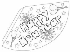 a happy new year coloring page with balloons and stars on the bottom, in black and white