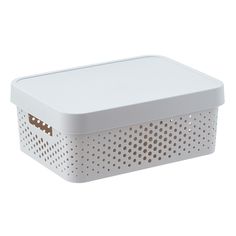 a white plastic storage box with holes on the front and sides, sitting against a white background