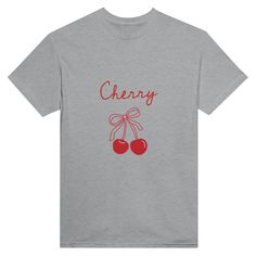 Be boldly stylish with our Cute Coquette Cherry Printed T-Shirt. Available in a variety of vibrant colors, this shirt is perfect for those who want to make a statement while staying comfortable. Express your unique personality and stand out from the crowd with this fun and playful piece.- A classic t-shirt with crew neck.- Air-jet spun yarn with a soft feel and reduced pilling.- Double-needle stitched collar, shoulders, armholes, cuffs, and hem.- 100 % cotton. Spring Gray T-shirt With Slogan, Gray Graphic Tee For Summer, Gray Slogan T-shirt For Spring, Trendy Red T-shirt With Text Print, Summer Gray T-shirt With Slogan, Trendy Red T-shirt For Summer, Trendy Gray T-shirt With Text Print, Casual Red T-shirt With Funny Print, Trendy Gray Cotton T-shirt