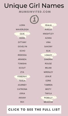 the unique girl names list is shown in pink and white, with clouds above it