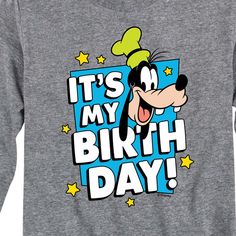 Mickey & Friends - Goofy It's My Birthday - Youth Long Sleeve Graphic T-Shirt - Celebrate the essence of Disney's Disney with officially licensed apparel featuring unique designs crafted exclusively by Hybrid Apparel. Each piece brings beloved characters, iconic imagery, and memorable moments to life, offering Disney fans a one-of-a-kind way to showcase their passion. Disney Boys, It S My Birthday, It's My Birthday, Kids Clothes Boys, Top Graphic Tees, Boys Long Sleeve, Memorable Moments, Its My Birthday, Fabric Names