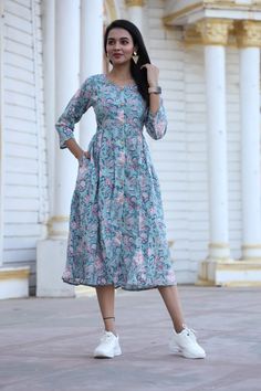 Block Print Cotton Midi Dress, Cotton Midi Dress With Block Print, Casual Cotton Block Print Dress, Cotton Kalamkari Print Straight Kurta Dress, Multicolor Cotton Kalamkari Print Dress, Multicolor Cotton Dress With Kalamkari Print, Spring Cotton Dress With Kalamkari Print, Blue Block Print Cotton Midi Dress, Traditional Long Sleeve Cotton Midi Dress