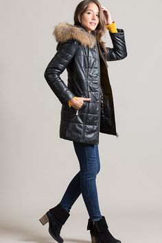 Image Chic Fur Coat With Padded Collar, Luxury Fall Parka With Faux Fur Trim, Luxury Fall Parka With Faux Fur Lining, Luxury Fall Parka, Leather Coat With Fur, Leather Puffer, Lambskin Leather Jacket, Detachable Hood, Quilted Leather