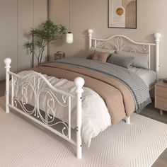 a white bed sitting next to a window in a bedroom on top of a rug