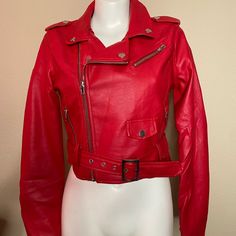 Red Vegan Leather Moto Biker Jacket, With Silver Zipper Detail, From Windsor Store Size Small. Brand New With Tags! Super Hot! Red Leather Jacket With Zipper For Streetwear, Biker Style Jacket For Fall, Red Biker Leather Jacket For Streetwear, Red Biker Jacket For Streetwear, Red Biker Jacket With Zipper For Streetwear, Red Biker Outerwear For Events, Winter Red Biker Jacket For Motorcycling, Moto Style Red Outerwear For Streetwear, Red Biker Outerwear For Biker Events