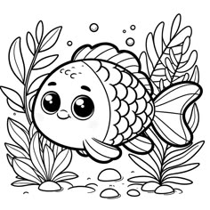 a cartoon fish with big eyes swimming in the ocean surrounded by plants and rocks coloring page