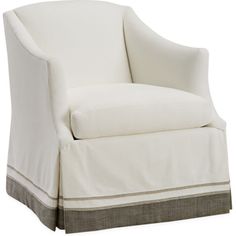 a white chair with a gray stripe on the arm and back side, sitting in front of a white background