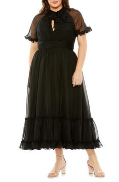 FABULOUSS BY MAC DUGGAL Sheer Puff Sleeve Cocktail Dress | Nordstrom Puff Sleeve Gown, Chic Cocktail Dress, Plus Size Gowns, Plus Size Prom, Tiered Ruffle Skirt, Chiffon Overlay, Mac Duggal, Tie Bow, Puffed Sleeves Dress