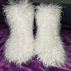 These Fuzzy White Boots Are Amazing! Unique. One Of A Kind. Sturdy. Quality Made. Super Fluffy! Super Lush! Super Cozy! Super Cute! Outside Color: White Inside Color: Chocolate Brown Size: Fits Like 10.5 (Listed As 10.5), But Could Also Fit Size 10 With A Comfy Thick Sock. Condition: Nwt *Hard Bottoms. These Booties Are Perfect For Wearing As Either A Slipper Boot, Or Winter Boot. *I Would Not Recommend Wearing Them In Wet Or Snowy Weather. *Original Box Not Included. White Winter Boots, Fluffy Boots, Cowboy Ankle Boots, Fur Ankle Boots, Short Black Boots, Sequin Boots, Snowy Weather, Green Boots, Color Chocolate