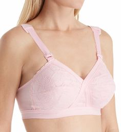 Pretty lace cup bra has elastic bands that cross at front for improved fit and support without wires, as well as extra comfort and easy-use features on straps. Wireless multi-part cup has very light padding for better coverage. Horizontal cup seam produces a slightly conical effect. Crossed elastic bands at center front supply support and separation. Elastic underband maintains a close fit and provides light support. Sides and back are sheer mesh with sewn-on picot trim elastic at top and underb Supportive Bra With Adjustable Straps, Supportive Pink Bra, Pink Nursing Bra With Adjustable Straps, Adjustable Straps Full Cup Nursing Bra, Pink Full Coverage Bra With Adjustable Straps, Push-up Nursing Bra With Straps, Lace Nursing Bra With Medium Bust Support, Lace Push-up Nursing Bra With Adjustable Straps, Playtex Bras