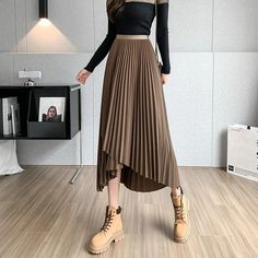 Lasaky - Vintage Irregular Hem Pleated Midi Skirt with Front Short and Back Long Design Asymmetrical Midi Skirt, Knee Length Skirts, High Waisted Pleated Skirt, Long Skirts For Women, Irregular Hem, Elegant Skirt, Moda Plus, Mid Length Skirts, Midi Skirts