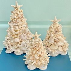 three small christmas trees made out of seashells on a blue table next to a wall