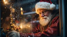 an old man wearing a santa claus hat looking out the window at christmas decorations and lights