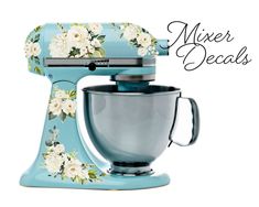 a blue mixer with white flowers on it and the words mixer decals above it