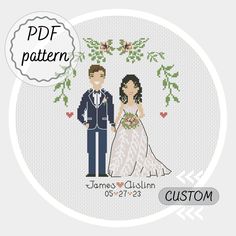 a cross stitch pattern for a bride and groom, with the text custom on it