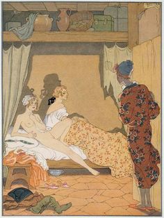 an illustration of two women sitting on a bed in front of a man standing next to them