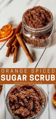 Looking for a warm exfoliating sugar scrub? Orange spiced sugar scrub combines the warm scents of cinnamon and allspice with the bright, fresh scent of sweet orange, making this perfect for fall! Not only is it exfoliating, but it’s moisturizing too. Show your skin some love with this sugar scrub! Follow the link for the recipe! Christmas Sugar Scrub Diy, Fall Soap Recipes, Sugar Scrub Homemade Recipe, Emulsified Sugar Scrub, Natural Skincare Recipes