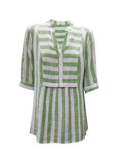 Lightweight and soft, non-stretch fabric Stand V-neck Half-length sleeve Center front button Relaxed fit 71 cm from center back to hem Size 12 Cool gentle wash 55% Linen 45 Rayon Spring V-neck Top With Roll-up Sleeves, Green Relaxed Fit V-neck Blouse, Casual Striped Tops With Roll-up Sleeves, Relaxed Fit Split Neck Top For Vacation, Striped Relaxed Fit V-neck Tops, Spring Striped V-neck Shirt, Green Viscose Tops For Vacation, Green Viscose Top For Vacation, Vacation V-neck Viscose Tops