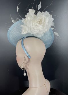 Powder Blue W Ivory Sinamay Disc Fascinator Hat With Jumbo Goose Feather Flower and Silk Flower - Etsy Elegant Round Crown Hats And Headpieces For Kentucky Derby, Elegant Round Crown Hats For Kentucky Derby, White Sinamay Mini Hats For Spring, Elegant Costume Hat With Round Crown For Kentucky Derby, Elegant Kentucky Derby Costume Hat With Round Crown, Elegant Fascinator With Handmade Flowers For Races, Elegant Mini Hats With Round Crown For Spring, Elegant Sinamay Fascinator For Garden Party, Summer Flower Fascinator For Formal Occasions