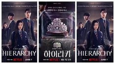 three posters for the upcoming korean drama series,'herachy'are shown