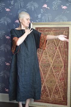 Evening Collection. Black Linen Dress With Vintage Border on - Etsy Vintage Border, Natural Linen Dress, Flattering Outfits, Black Linen Dress, Kurta Neck Design, Linen Maxi Dress, Boho Designs, Hippie Outfits, Kaftan Dress