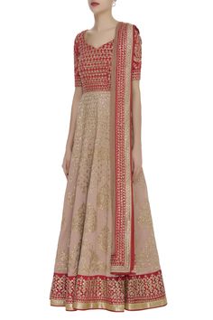 Beige and red anarkali with all-over floral motif sequin work. Comes with embellished dupatta. 
No of components: 2
Neckline: Leaf
Sleeve Length: Half 
Tassel tie-up back  
 - Aza Fashions Festive Floor-length Kurta With Intricate Embroidery, Anarkali Style Salwar Kameez With Intricate Embroidery For Reception, Festive Anarkali Traditional Wear With Intricate Embroidery, Festive Anarkali With Intricate Embroidery, Festive Maxi Length Anarkali Set With Intricate Embroidery, Anarkali Floor-length Dupatta With Intricate Embroidery, Embroidered Floor-length Anarkali Set For Reception, Anarkali Style Floor-length Embroidered Dupatta, Anarkali Kurta With Intricate Embroidery For Reception