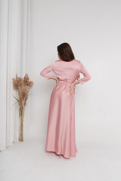 "Silk Airy dress for the most feminine look. This dress has and airy skirt and is made of the light soft silk/satin blend material that has a silk texture. 3/4 Sleeve Wrap Maxi Design This design is a great choice for warm season events or photoshoots. This style is good for bridesmaids, homecoming or wedding guest occasions. Every dress is made to order and can be customized by your measures to fit just right. ► Large color selection. We try to offer every possible color. (and you can always wr Satin Finish Bridesmaid Dress, Feminine Long Sleeve Satin Midi Dress, Spring Long-sleeve Satin Dress With Satin Finish, Feminine Pink Satin Silk Dress, Pink Feminine Satin Silk Dress, Satin Dress For Brunch, Elegant Silk Dress With 3/4 Sleeves, Spring Wedding Maxi Dress With 3/4 Sleeves, Pink Silk Dress With Satin Finish