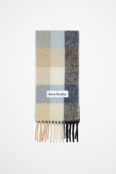 Checked scarf is made of a soft mohair blend with fringed ends. Detailed with an Acne Studios embroidered logo. Crafted from carefully selected material known for its soft and hairy fibres. FN-UX-SCAR000115 Mohair Scarf, Acne Shop, Checked Scarf, Studio Blue, Studio Logo, Twilly, Fringe Scarf, Mohair Wool, Custom Embroidery