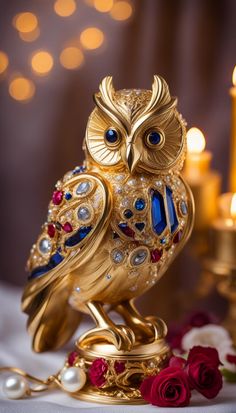 an owl figurine sitting on top of a table next to candles and flowers