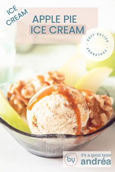 A black bowl filled with scoops of apple ice cream, apple wedges, walnuts and caramel sauce, a text overlay at the top, apple pie ice cream, creamy, easy recipe Creamy Apple Pie, Apple Pie Ice Cream, Pie Ice Cream, Caramelised Apples, Caramel Apple Pie, Ice Cream Pies, Dutch Recipes, Ice Cream Bowl