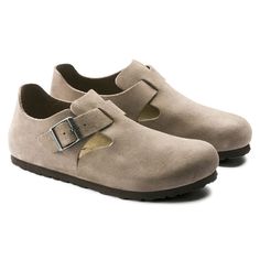 London Suede Leather Taupe Birkenstock London, Taupe Shoes, Mens Clogs, European Shoes, Clogs Style, Birkenstock Shoes, Womens Clogs, The London, Suede Shoes