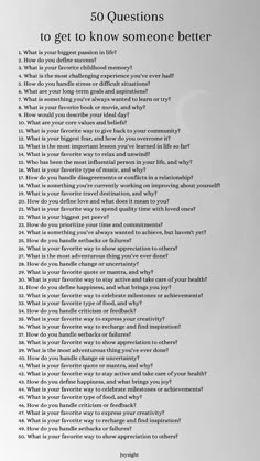 50 questions to get to know someone better Things To Ask To Get To Know Someone, Black Foods, Text Conversation Starters, Deep Conversation Topics, Questions To Get To Know Someone, Relationship Things, Intimate Questions, 50 Questions