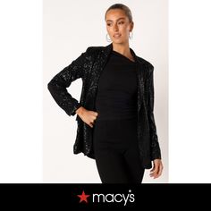 in stock Formal Black Holiday Outerwear, Black Formal Outerwear For Holidays, Glamorous Black Spring Blazer, Chic Black Party Blazer, Holiday Party Black Blazer, Holiday Black Fitted Outerwear, Black Holiday Evening Blazer, Holiday Evening Black Blazer, Black Blazer For Evening And Holiday