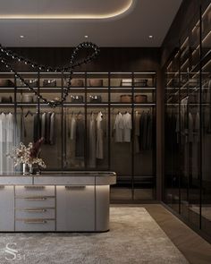 an elegant walk - in closet is lit by recessed lighting