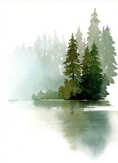 watercolor painting of pine trees in the fog