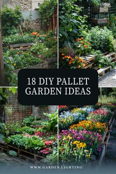 a collage of pictures of a garden with various plants Piscina Pallet, Garden Ideas Using Pallets, Palette Garden, Diy Planters Outdoor, Outdoor Pallet Projects, Diy Wood Pallet Projects, Diy Garden Bed