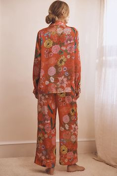 Includes buttondown top and pull-on pants Polyester Machine wash Imported | Long-Sleeve Sunflower Pajama Set by Karen Mabon in Orange, Women's, Size: Smallmall, Polyester at Anthropologie Elegant Pajamas For Women, Adult Pajama Party, Cute Pjs For Women, Adult Pajamas Party, Matching Pajama Set, Pj Day, Kimono Pajamas, Floral Pajama Set, Loungewear Outfits