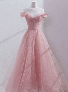 Pink Off Shoulder Tulle Tea Length Prom Dress, Tulle Formal Dress Pink Ball Dress Aesthetic, Prom Tulle Dresses, Aesthetic Pink Prom Dress, Grad Dresses Pink, Pink Grad Dresses, Pink Grad Dress, Pink Princess Prom Dress, Pastel Pink Dresses, Pink Tulle Evening Dress