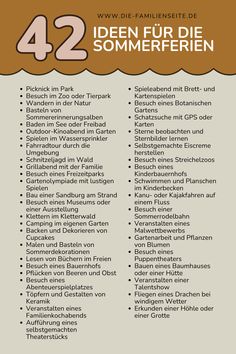 a poster with the words 42 iden fur die sommeferien in german