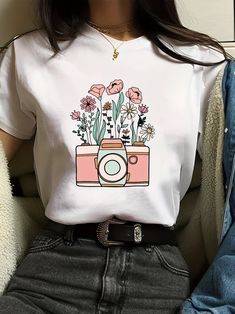 Color Flower and Camera Print Crew Neck T-Shirt: A Stylish Spring/Summ Pink Casual T-shirt For Spring, Spring Letter Print Short Sleeve T-shirt, White Printed T-shirt For Summer, White T-shirt With Funny Print For Spring, Summer Short Sleeve T-shirt With Floral Print, Summer Floral Print Short Sleeve T-shirt, Floral Print Short Sleeve T-shirt For Summer, Cute Butterfly Print T-shirt For Spring, White T-shirt With Letter Print For Spring