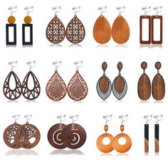 PRICES MAY VARY. 【Wooden Clip On Earrings】: An order includes 12 pairs of boho clip on earrings for women, with a variety of styles and designs. Black, coffee, and brown are paired to create the perfect bohemian earrings. The clip earrings design allows women without Piercing to experience the charm of wooden earrings. 【Natural Wood Material】: These clip dangle earrings are made of wood and alloy, with a unique and exquisite design. With a soft silicone plug, it is comfortable to wear and can be Htv On Wood Earrings, Wood Clips, Everyday Clothes, African Earrings, Great Gifts For Women, Gold Clips, Statement Drop Earrings, Wood Jewelry, African Jewelry