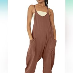 Woman’s Summer, Casual, Loose Sleeveless Jumpsuit, Comfort, Romper, Stretchy Strap Long Pants, Baggy, Overall With Pockets. New Without Tags. Sleeveless Jumpsuits And Rompers For Leisure, Brown Loungewear Jumpsuits With Pockets, Sleeveless Relaxed Fit Solid Color Jumpsuits And Rompers, Versatile Sleeveless Jumpsuits And Rompers For Loungewear, Summer Brown Jumpsuits And Rompers For Loungewear, Brown Summer Jumpsuits And Rompers For Loungewear, Trendy Brown Jumpsuits And Rompers For Loungewear, Trendy Brown Jumpsuits And Rompers With Pockets, Casual Brown Jumpsuits And Rompers