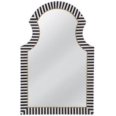 a black and white striped mirror with gold trimmings on the edges, against a white background