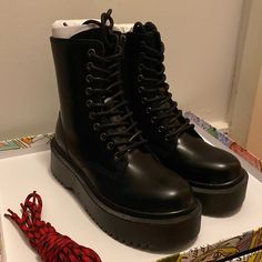 Material: Patent Leather. Brand New Boots. True To Size. No Returns Accepted. Punk Leather Heeled Boots With Round Toe, Edgy Platform Martin Boots With Round Toe, Edgy Martin Boots With Platform And Round Toe, Grunge Platform Boots With Round Toe, Streetwear Platform Ankle Boots With Reinforced Heel, High Ankle Lace-up Boots With Platform, Edgy High-top Wedge Boots With Lug Sole, Edgy Lace-up Boots With Lug Sole And Round Toe, Grunge Moto Boots With Platform And Round Toe