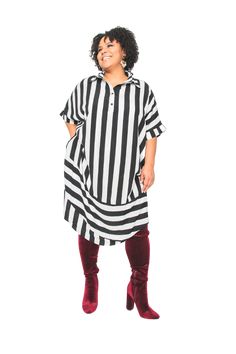 Relaxed oversized shirt dress is comfy and lightweight. Crafted in black and white stripes for wearing season to season. Perfect for layering with cropped jackets or mid-length cardigans. Oversized Striped Spring Dresses, Casual Oversized Striped Dresses, Striped Oversized Dresses For Daywear, Oversized Striped Shirt Dress, Casual Oversized Striped Shirt Dress, Casual Striped Shirt Dress For Day Out, Chic Striped Shirt Dress With Relaxed Fit, Casual Striped Collared Shirt Dress, Casual Striped Shirt Dress Relaxed Fit