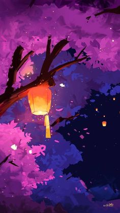 a painting of a tree with lanterns hanging from it's branches in the night sky